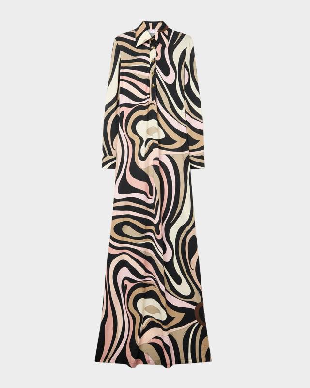 Marmo-Print Long-Sleeve Maxi Shirtdress